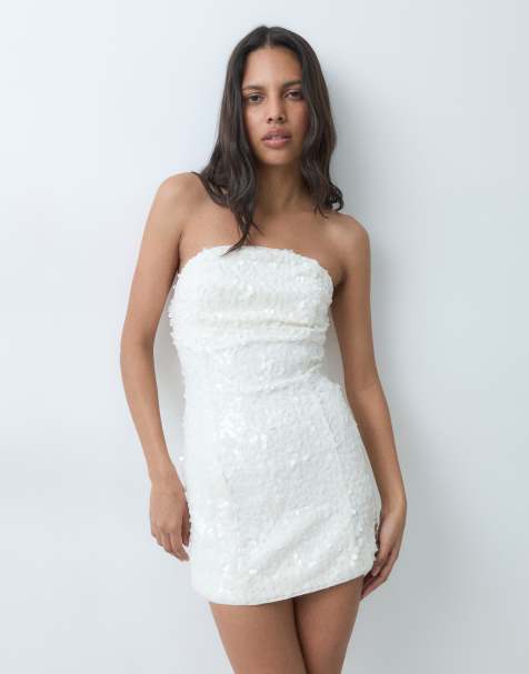 4th & Reckless bandeau curved neck sequin detail structured mini dress in cream - view 1
