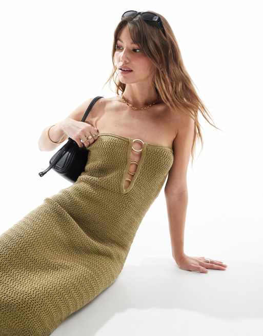 4th & Reckless bandeau gold ring detail cutout crochet beach maxi dress in olive