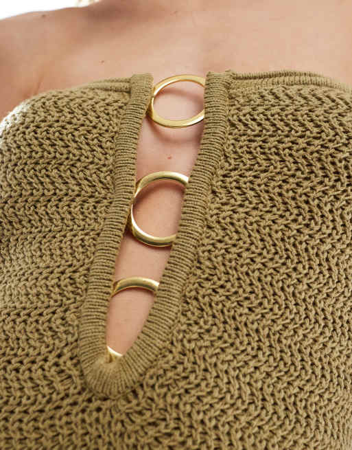 4th & Reckless bandeau gold ring detail cutout crochet beach maxi dress in olive