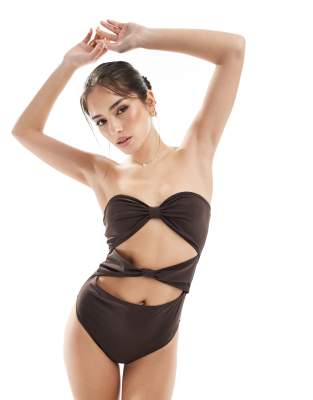 bandeau knot front cutout swimsuit in brown