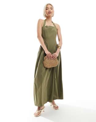 4th & Reckless - Baumwoll-Maxikleid in Olivgrün mit quadratischem Neckholder-Ausschnitt und plissierten Hüftdetails