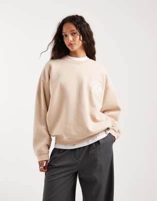 4th & Reckless - Baumwoll-Sweatshirt in Beige mit Rundhalsausschnitt und Logo-Stickerei-Neutral