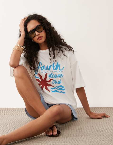 4th & Reckless bawełniany oversize T-shirt z nadrukiem „resort club” w kolorze kremowym - view 1