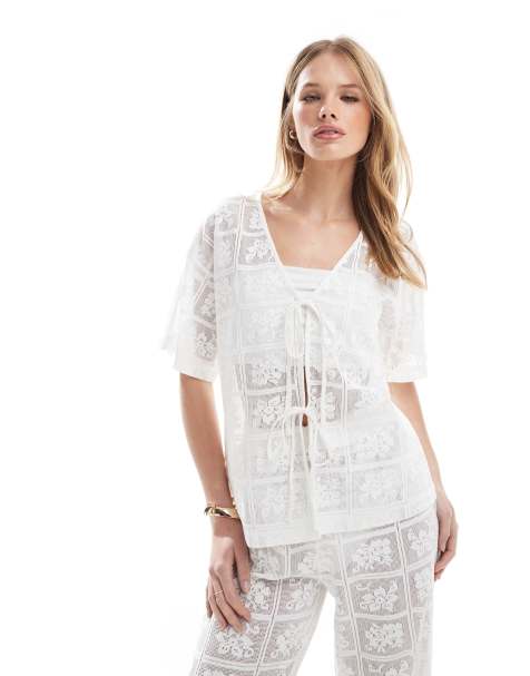 4th & Reckless beach crochet lace tie front top co-ord in white - view 1