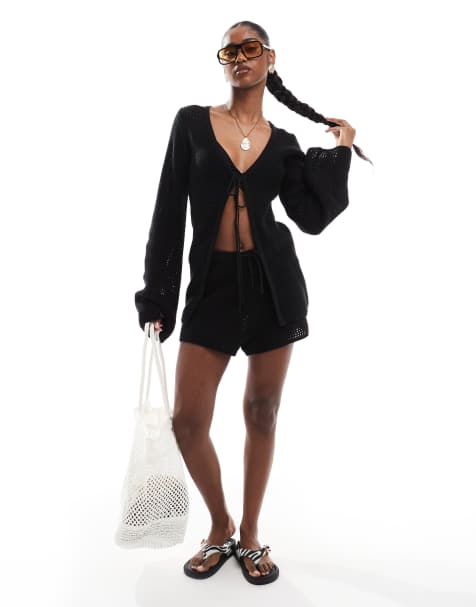 4th & Reckless beach crochet tie front flare sleeve top and shorts co-ord in black - view 1