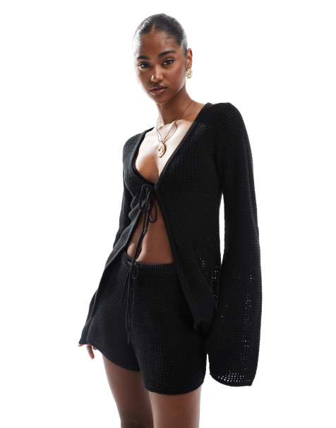 4th & Reckless beach crochet tie front flare sleeve top co-ord in black