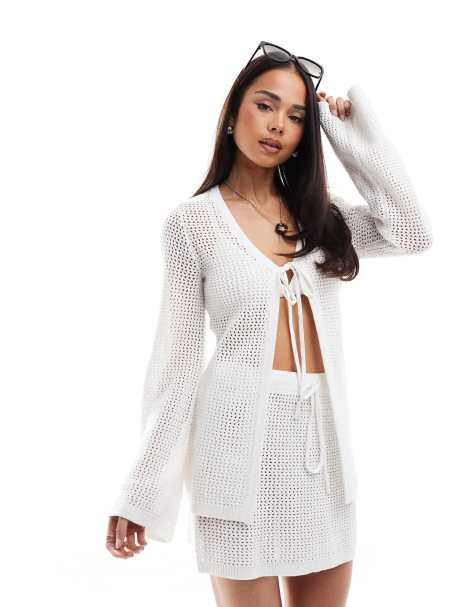 4th & Reckless beach crochet tie front longline top co-ord in white