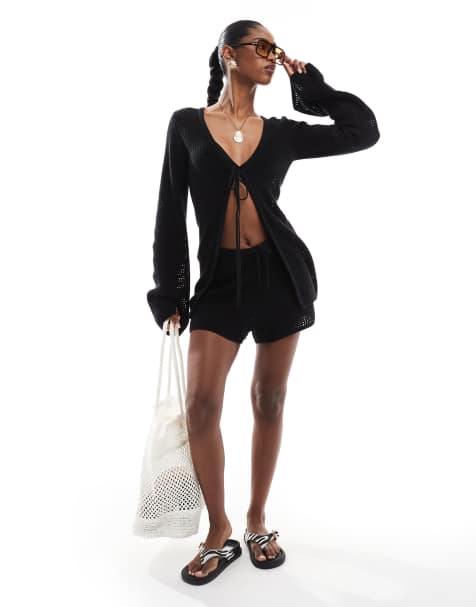4th & Reckless beach crochet tie front shorts co-ord in black - view 1
