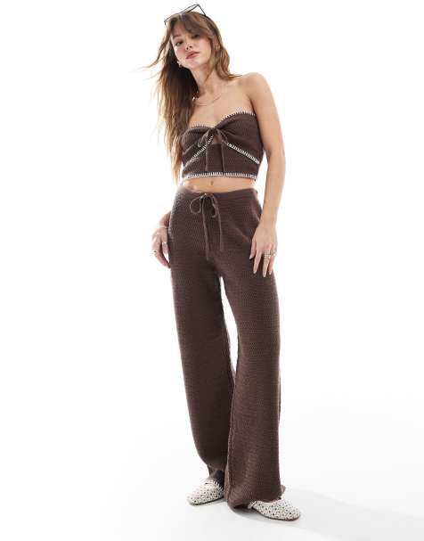 4th & Reckless beach knitted cut out bandeau top & trouser co-ord in chocolate - view 1