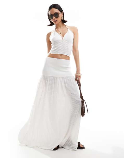 4th & Reckless beach knitted halterneck cami top & drop waist maxi skirt co-ord in white - view 1
