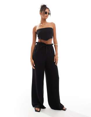 beach linen blend drawstring waist pants in black