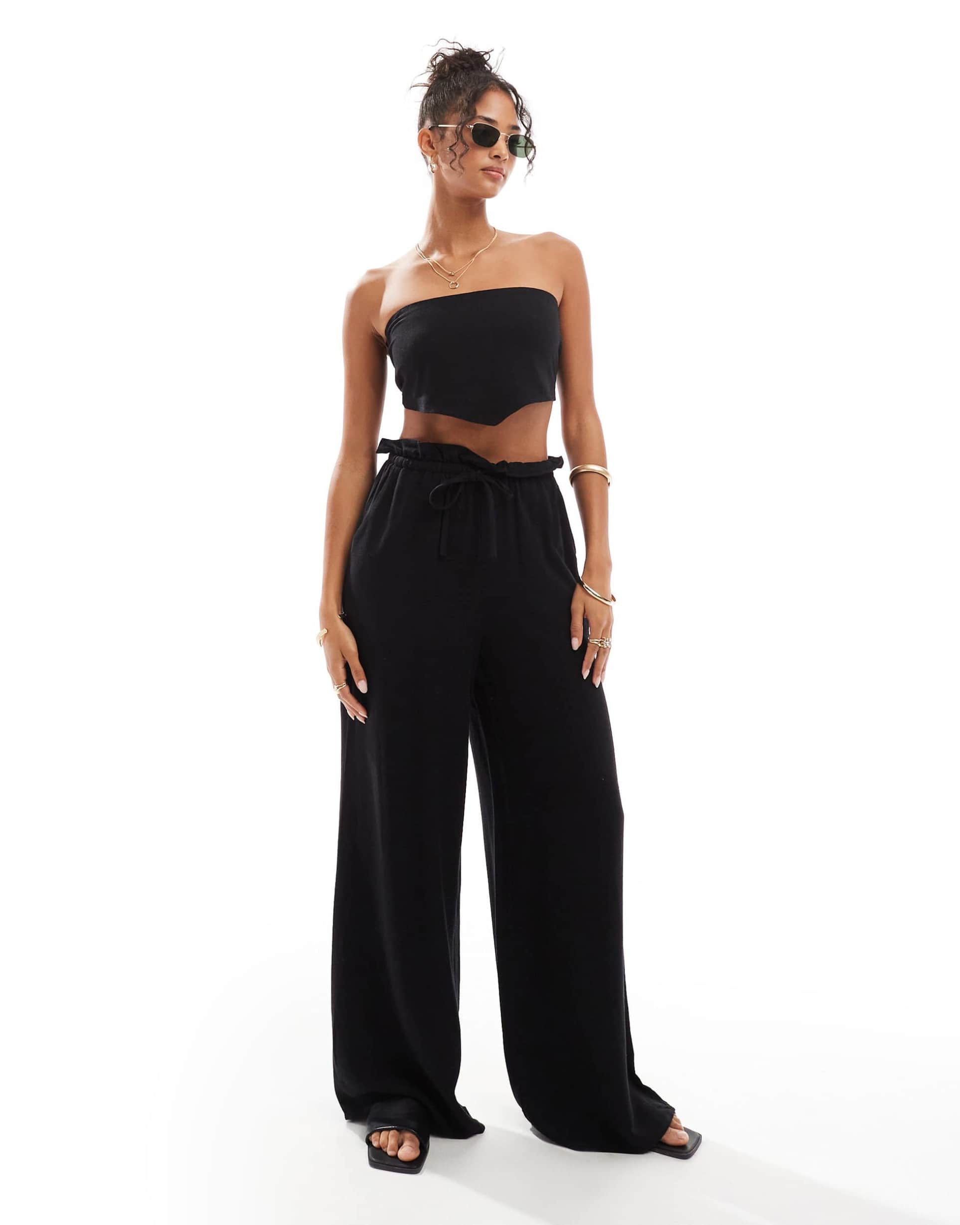 4th & reckless beach linen blend drawstring waist pants in black