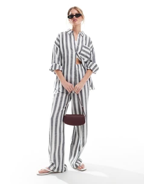 4th & Reckless beach oversized stripe beach shirt and wide leg co-ord in grey and white - view 1