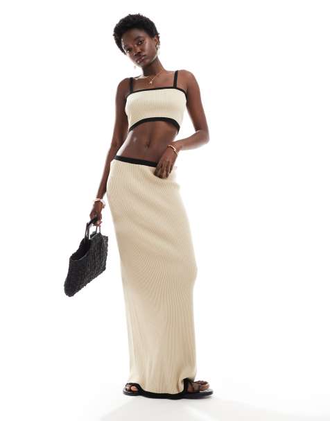 4th & Reckless beach ribbed knit contrast trim crop top and maxi skirt set in cream - view 1
