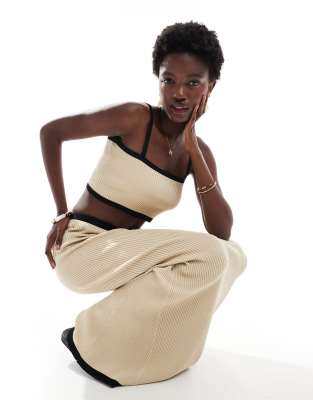 beach ribbed knit contrast trim crop top in cream - part of a set-White