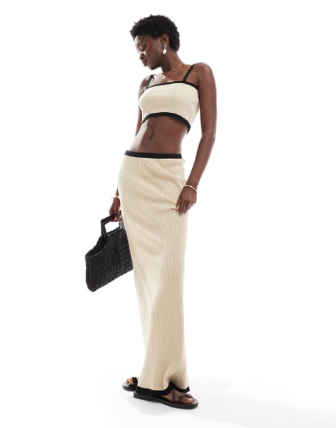 4th & Reckless beach ribbed knit contrast trim maxi skirt in cream (part of a set) - view 1