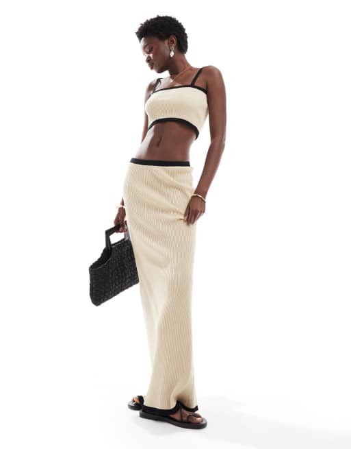 4th & Reckless beach ribbed knit contrast trim maxi skirt in cream - part of a set