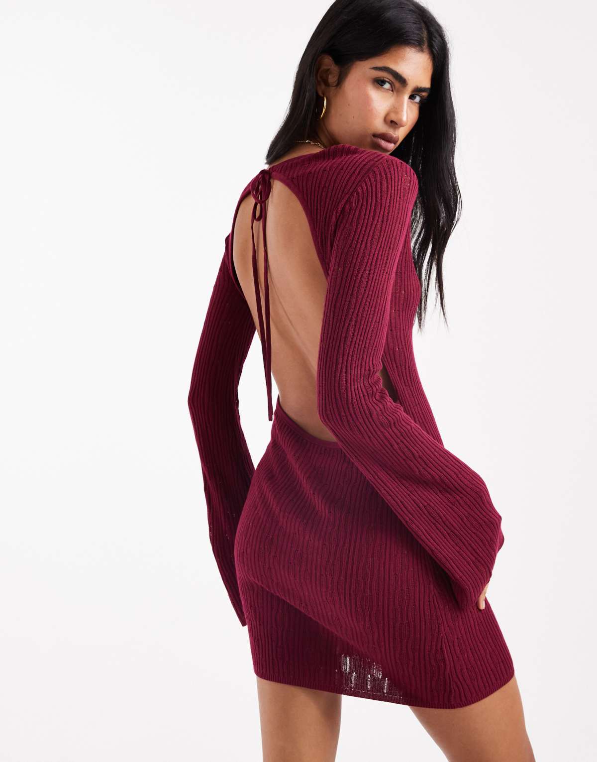 4th & Reckless beach ribbed knit open back flare sleeve mini dress in burgundy