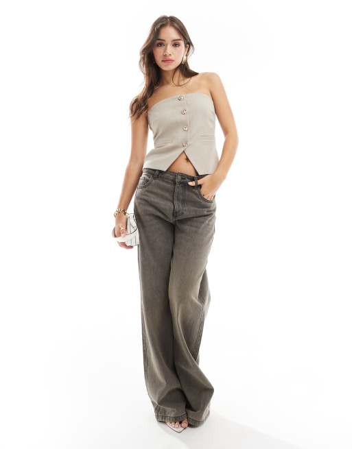 4th & Reckless - Beige bandeau-top med guldfarvede knapper