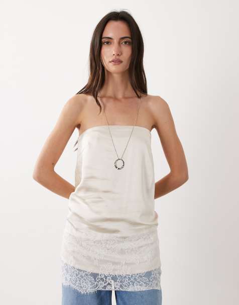 4th & Reckless – Beige bandeau-topp i satin med spetskant - view 1