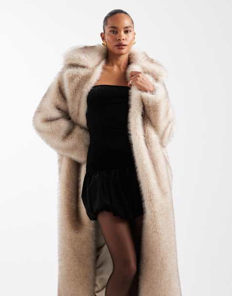 4th & Reckless - Beige oversized maxifrakke med bindebånd i taljen i imiteret pels - view 1