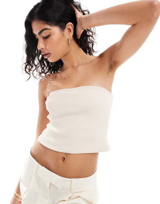 4th & Reckless – Beige, ribbad bandeau-topp med logga