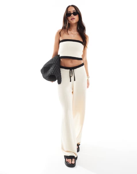 4th & Reckless - Beige strikket strandsæt med bandeau-croptop med kontrasterende detalje og bukser - view 1