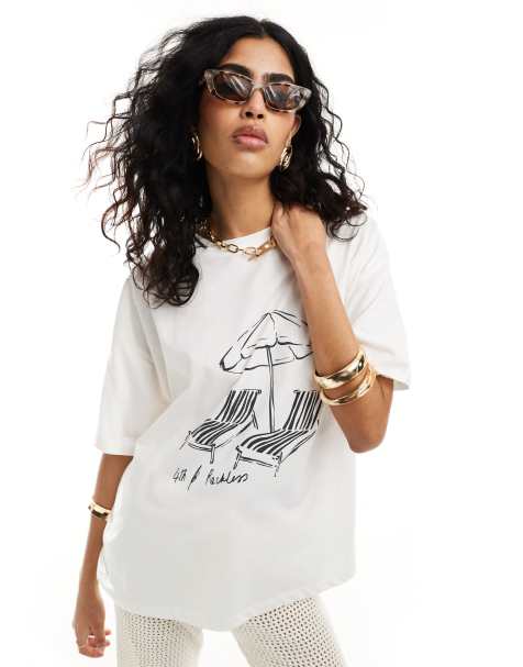4th & Reckless bella beach t-shirt in off white - part of a set - view 1