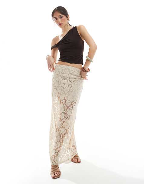 4th & Reckless flower lace maxi skirt in beige 