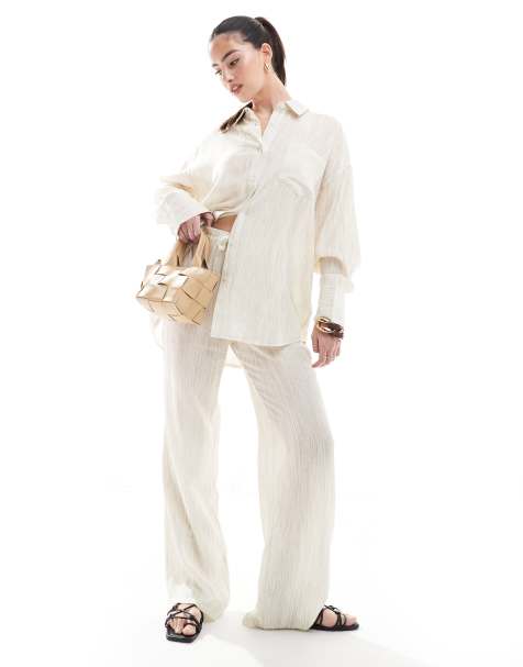 4th & Reckless – Beżowy, lekki, fakturowany zestaw plażowy: koszula i spodnie - view 1