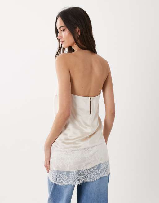 4th & Reckless – Beżowy satynowy top bandeau z koronkowym wykończeniem, 4 z 4