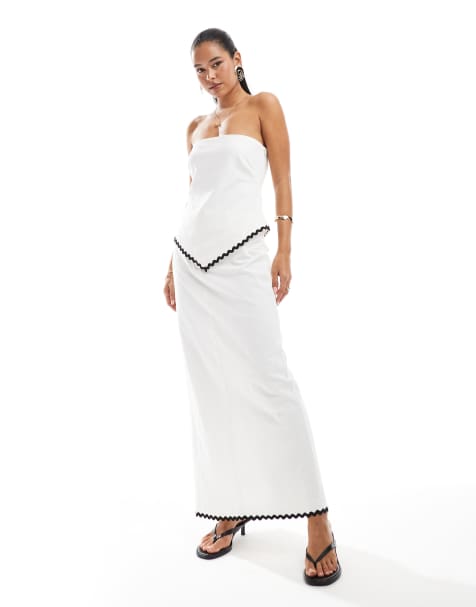 4th & Reckless linen look cotton contrast ric rac trim maxi skirt co-ord in white
