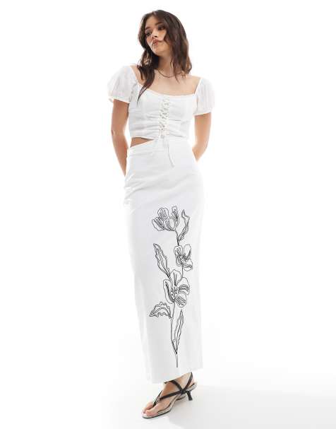 4th & Reckless linen look floral embroidered maxi skirt in white