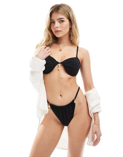 4th & Reckless bikini bottoms with pearl charm detail in black (part of a set)