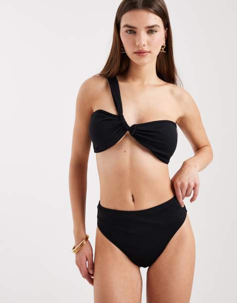 4th & Reckless – Bikini in Schwarz mit Knitterstruktur, bestehend aus Oberteil mit One-Shoulder-Träger und verdrehtem Detail und Bikinihose - view 1