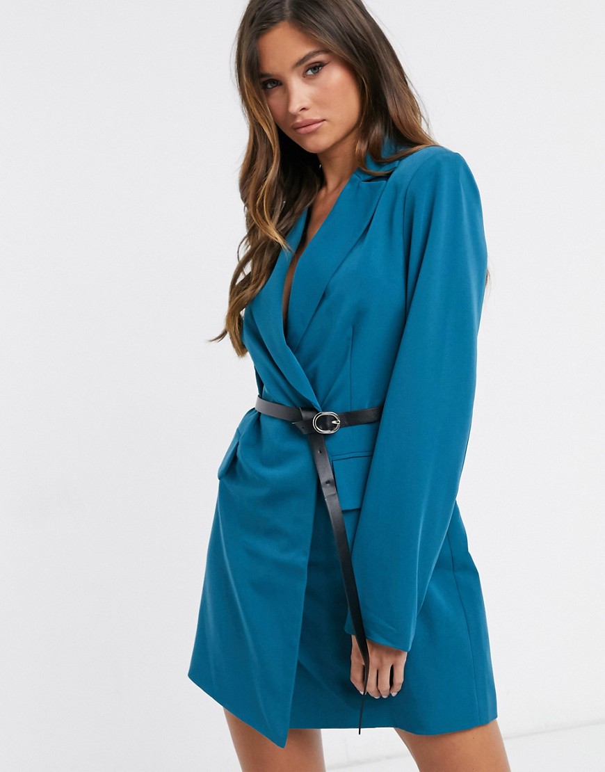 4th & Reckless blazer dress with contrast leather-look belt in teal-Green