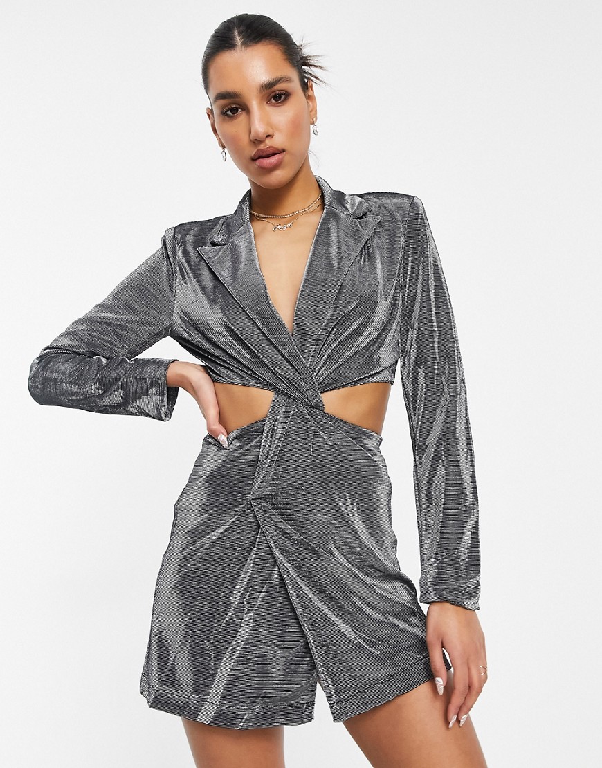 4th & Reckless blazer dress with cutout knot detail waist in metallic silver
