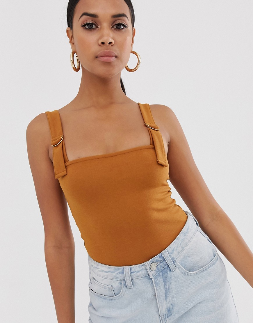 4th + Reckless bodysuit with D-ring strap detail in brown-Beige