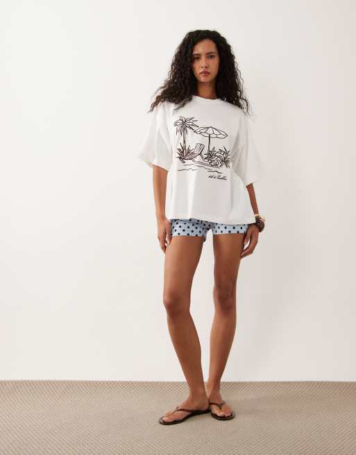 4th & Reckless bomulls-t-shirt med broderad strandgrafik i oversized passform, cream, 2 av 4