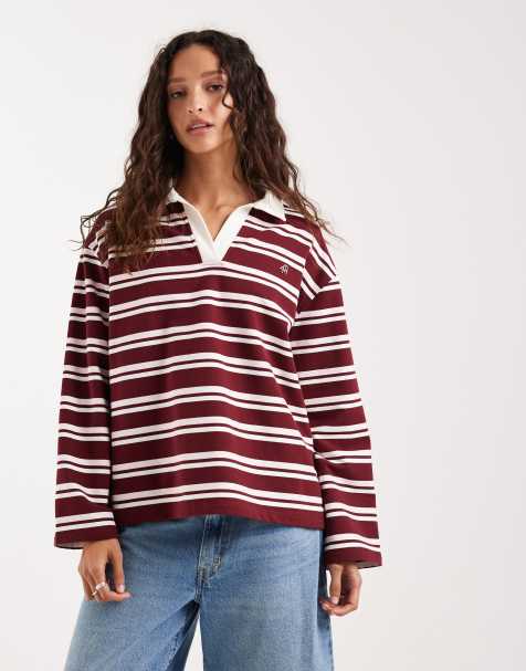 4th & Reckless - Bordeaux langærmet rugbytop i bomuldsrigt stof med lyserøde striber samt krave og broderet logo - Kun hos ASOS - view 1