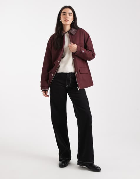 4th & Reckless faux leather woven detail collar workwear jacket in burgundy