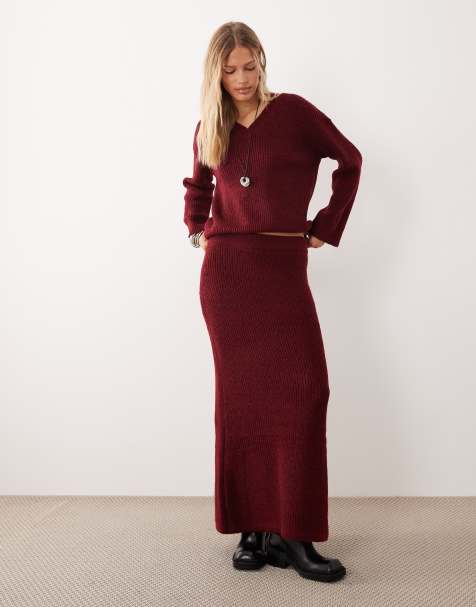 4th & Reckless ribbed knitted maxi skirt co-ord in burgundy