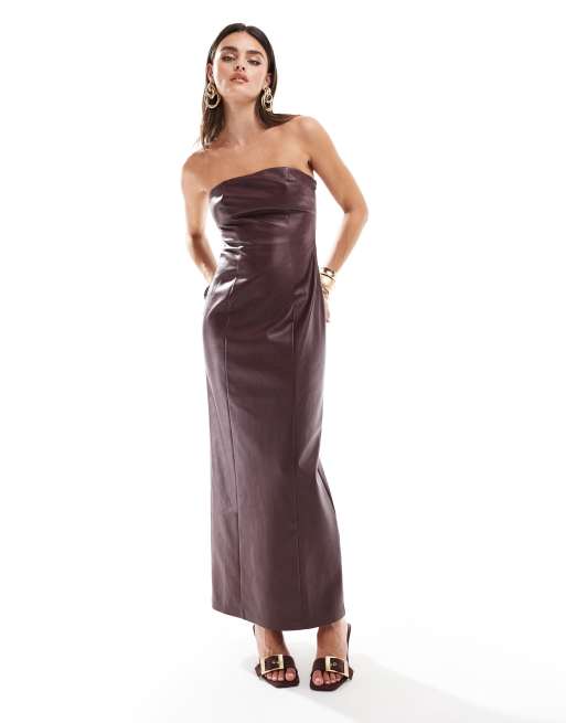 4th & Reckless – Bordowa sukienka maxi z dekoltem bandeau z imitacji skóry