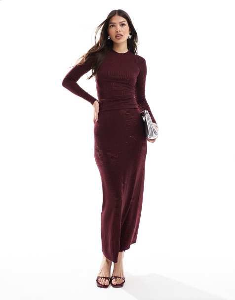 4th & Reckless – Bordowy zestaw zdobiony dżetami na całej powierzchni: top z długimi rękawami i spódnica maxi - view 1