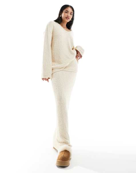 4th & Reckless boucle knit foldover waist column maxi skirt in cream - part of a set - view 1
