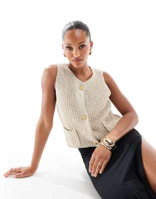 boucle knit gold button detail sleeveless vest top in beige-Neutral