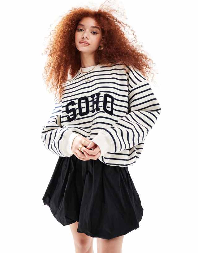 4th & Reckless - boucle soho logo sweatshirt in cream and navy stripe