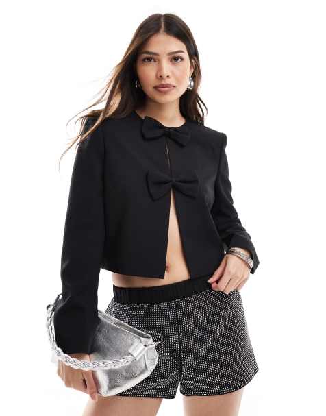 4th & Reckless bow detail boxy jacket in black - view 1