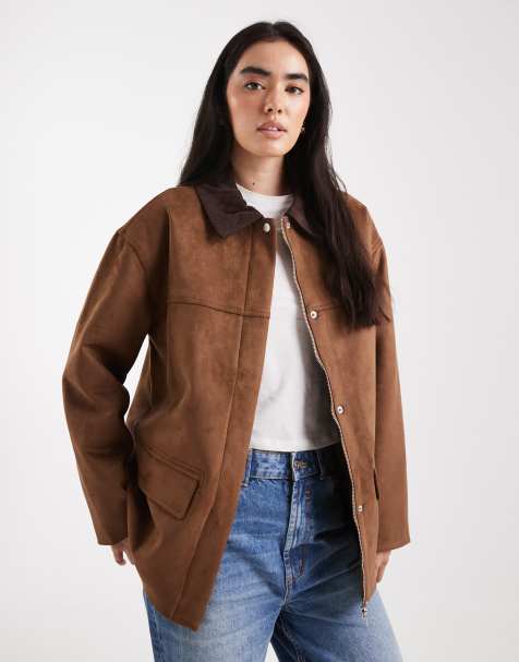 4th & Reckless faux suede contrast collar barn jacket in brown
