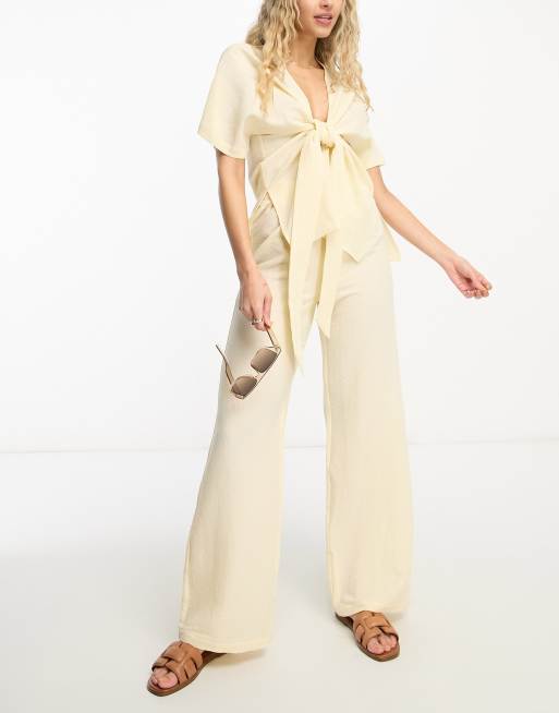 4th & Reckless Breeze oversized tie front beach top in cream crinkle (part of a set)